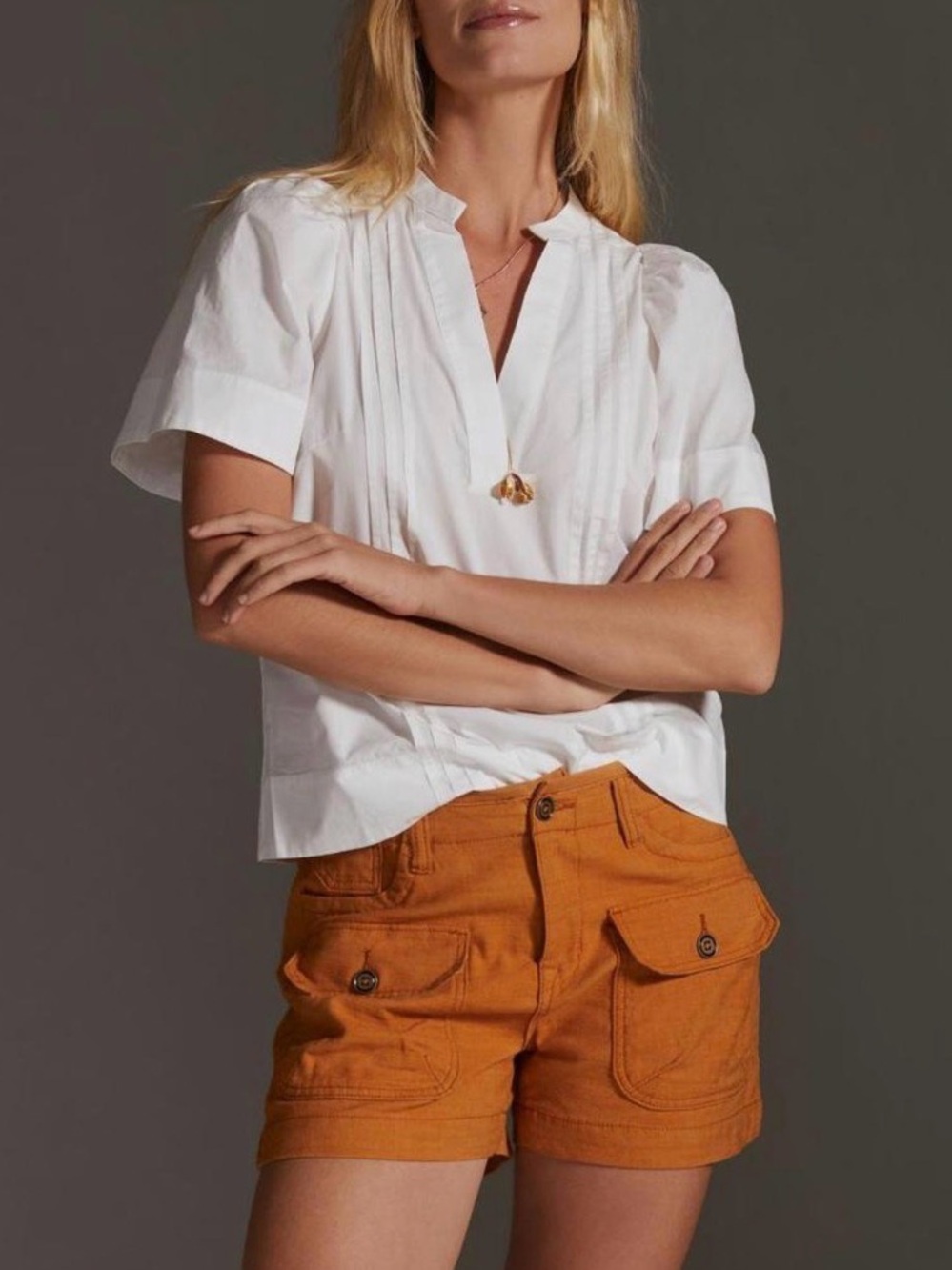 Anthropologie White Pintuck Stand-Collar Short Sleeve Blouse